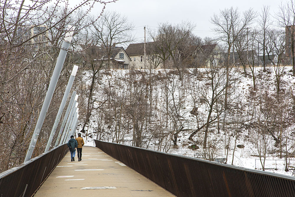 Pedestrian bridge connects Turtle Park with Caesar's Park at the site of the former North Avenue Dam