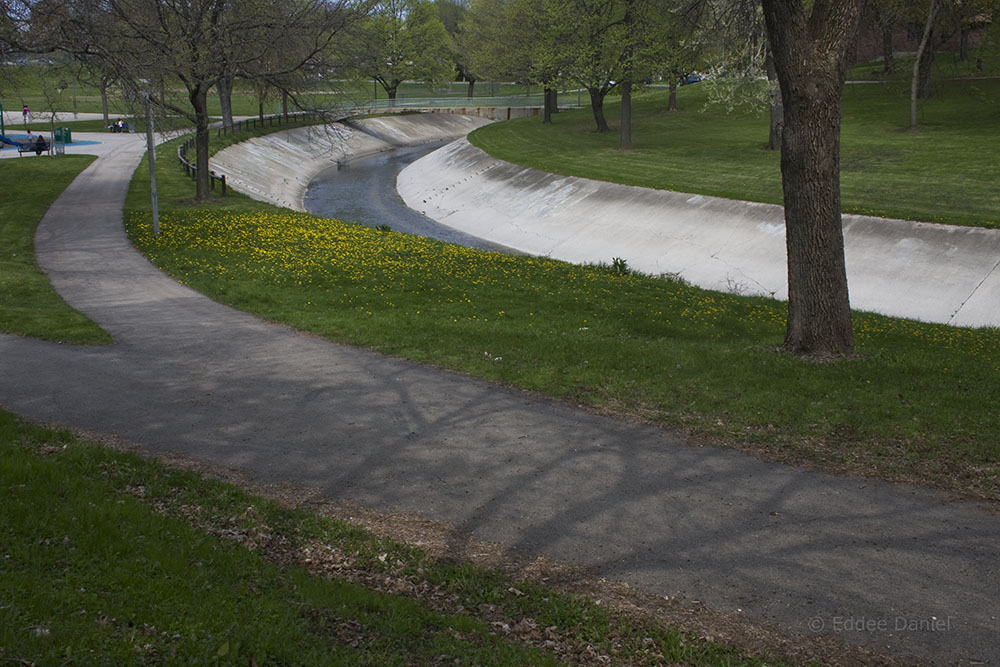 The concrete channel of the KK River in Pulaski Park. 2009