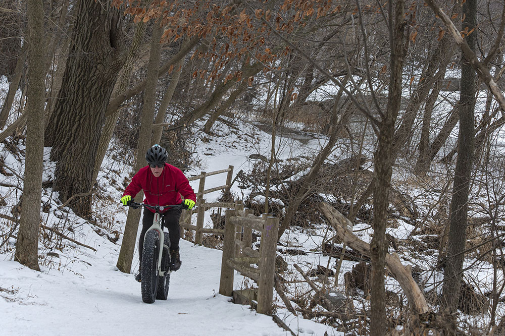 Fat tire cyclist on East Bank Trail