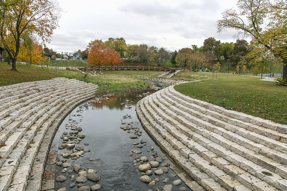 View of KK River in Pulaski Park from 16th St. 2020.