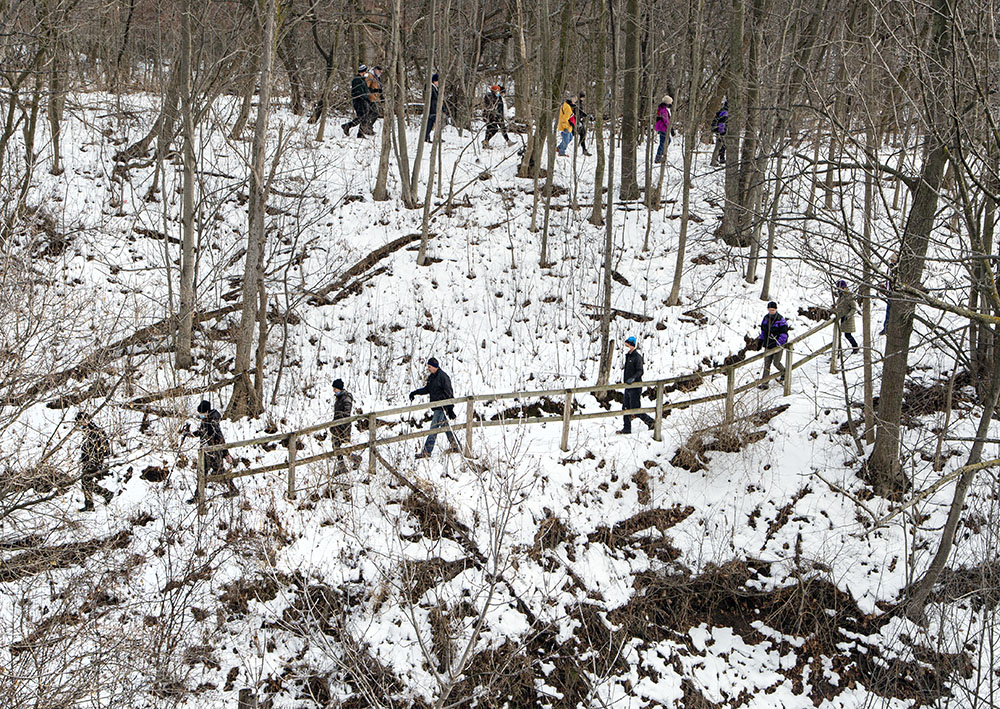 Trekking down from Locust Street to the East Bank Trail