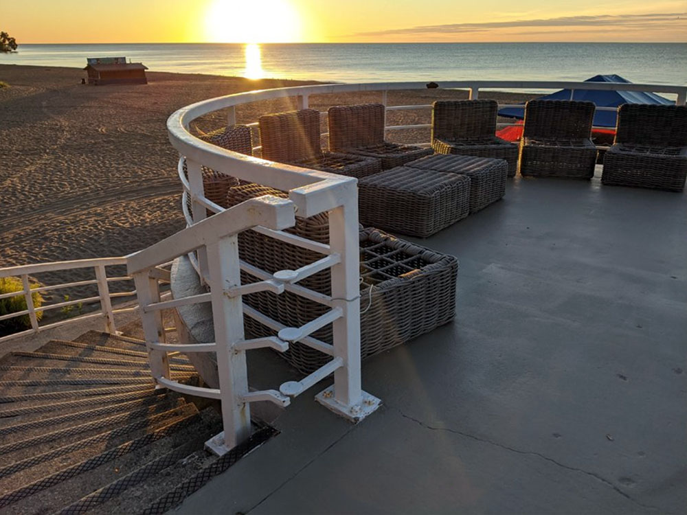 Bradford Beach Pavilion upper deck at sunrise.