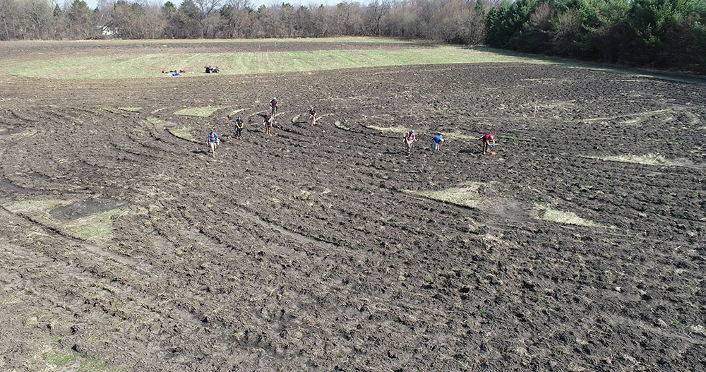 Aerial drone photo of KCI staff and Wisconsin Conservation Corps crew members planting trees & shrubs throughout the "Meachem Preserve" site