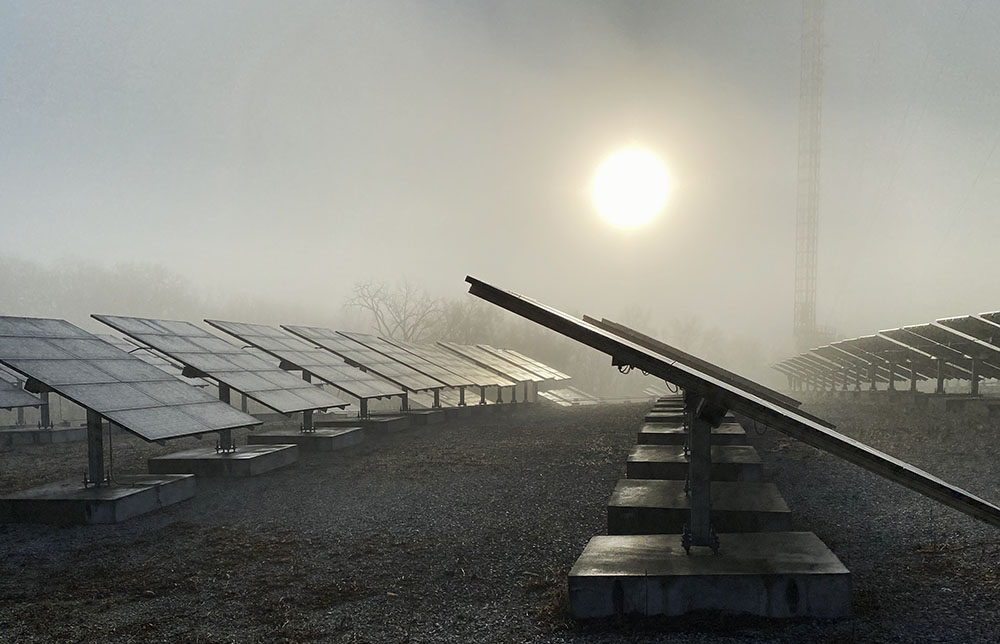 Solar panel array at sunrise.