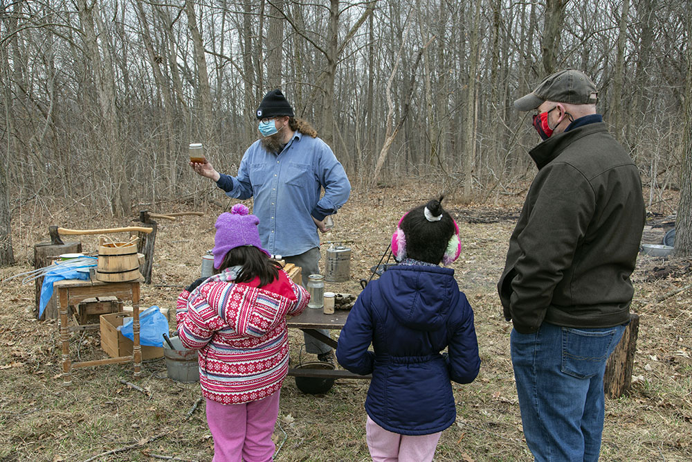 Howard Aprill of the Wehr Nature Center at the maple sugaring camp.