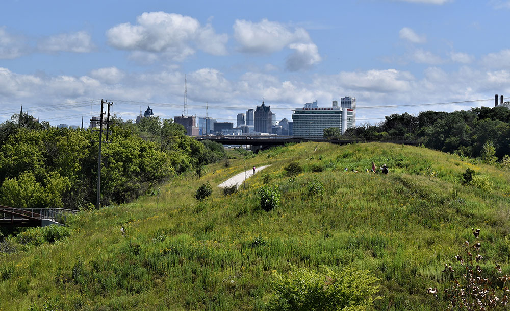 A view towards the skyline of downtown Milwaukee from the park.