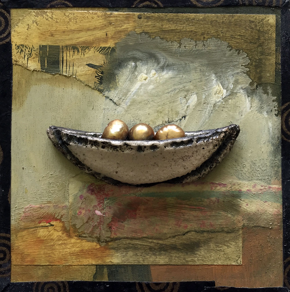 Collage Tile Dreams. Combining the ideas of nests, stay home!, and migration, this tiny clay boat carries egg-like pearls.