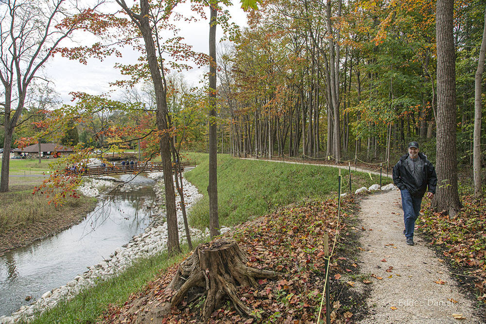 A newly improved gravel trail parallels the restored river. 