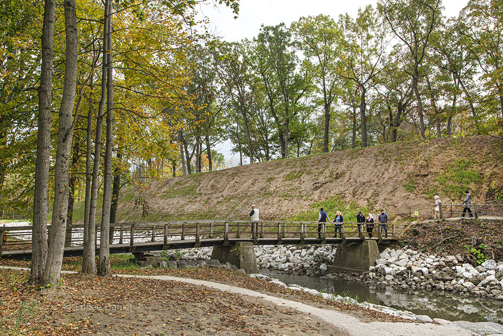 A steep bank stabilized with burlap and new vegetation; and an existing pedestrian bridge stabilized with newly installed rock revetments.