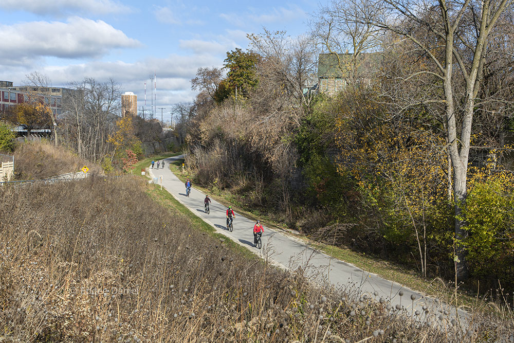 The group heads south on the Oak Leaf Trail from Riversid