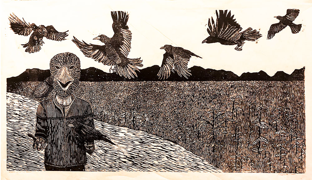 “I learn lessons from the crows….” Wood cut