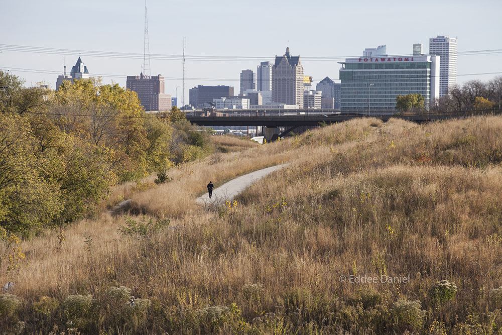 Downtown Milwaukee viewed from Three Bridges Park in the Menomonee River Valley.