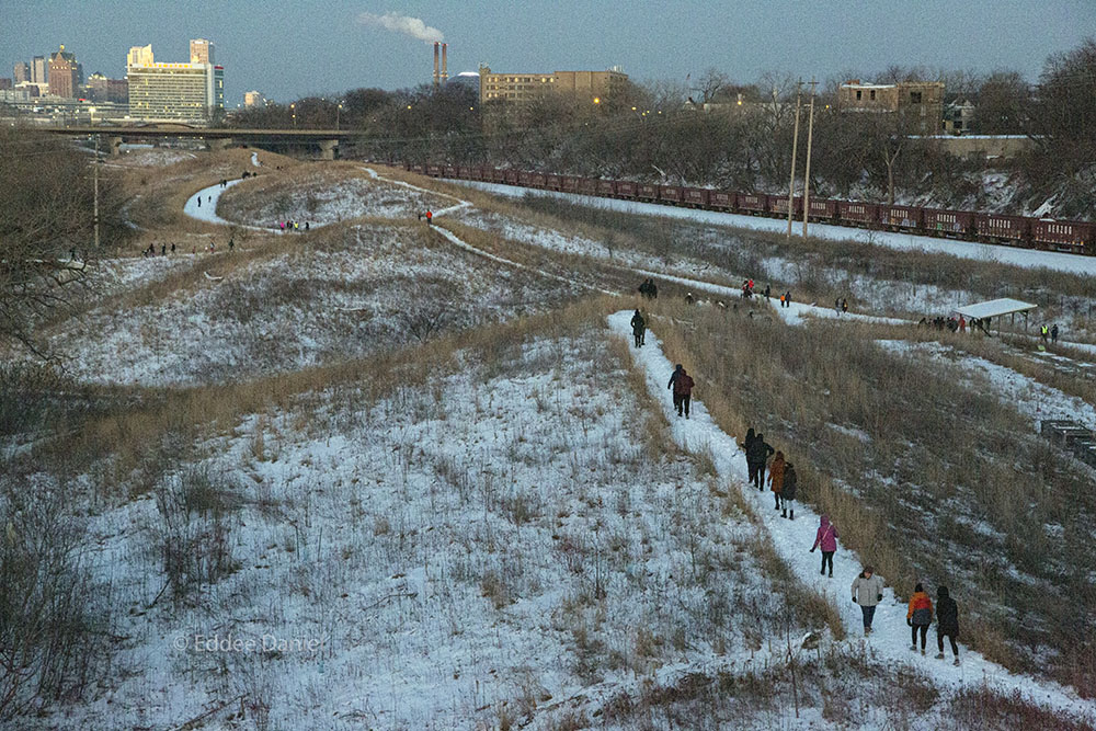 The event, held from 5:30 - 8:30, began in twilight, ended in darkness framed by the lights of the city.