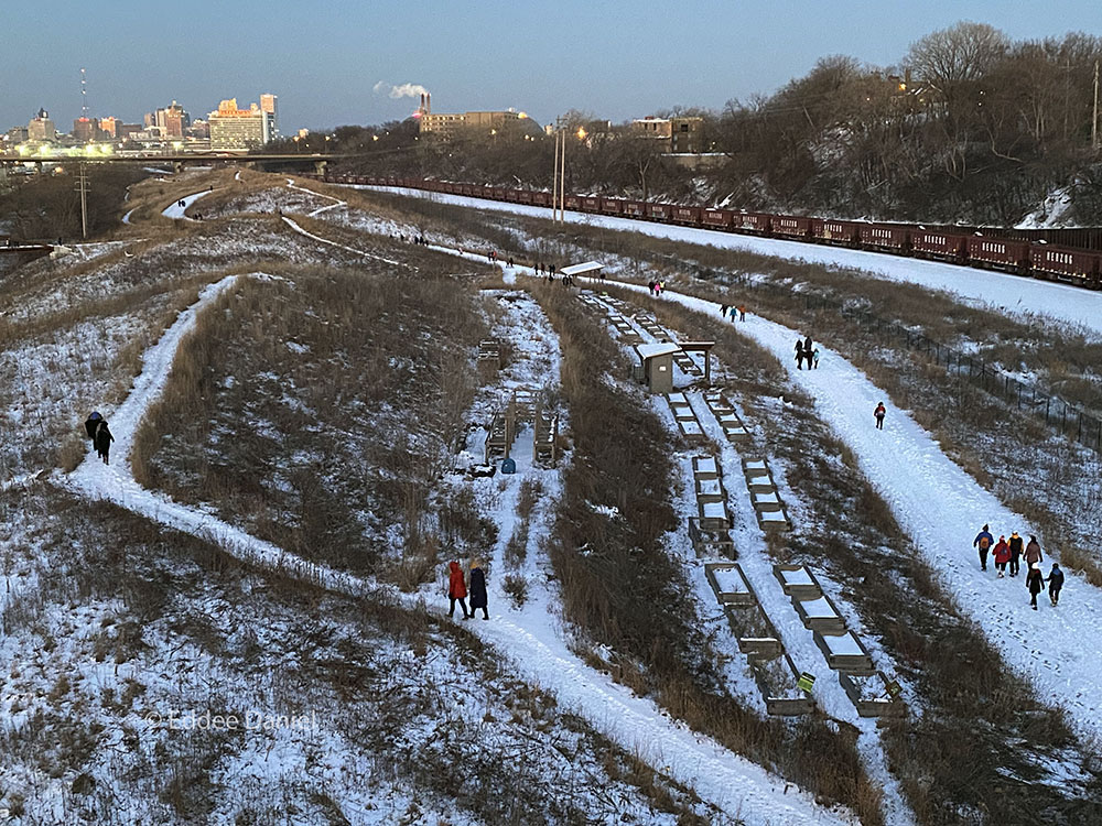 View of Three Bridges Park looking east from the 35th Street viaduct.