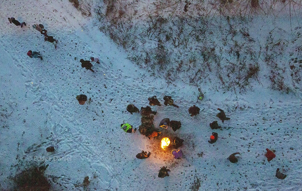 A firepit on the trail viewed from above on the 35th Street viaduct.