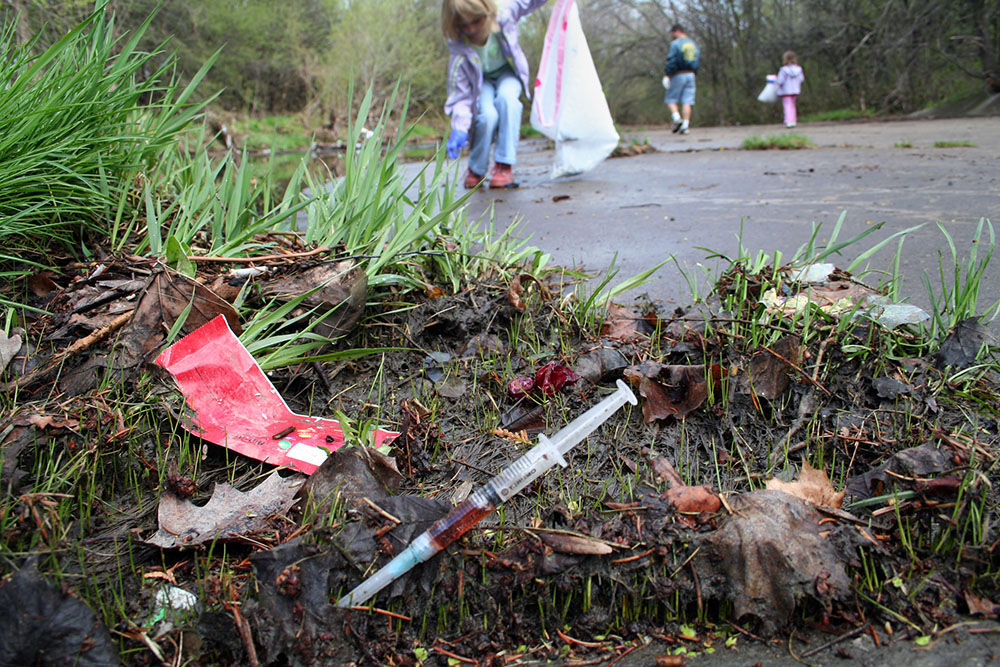 A particularly disturbing find--a syringe--on Honey Creek in Wauwatosa, 2006.