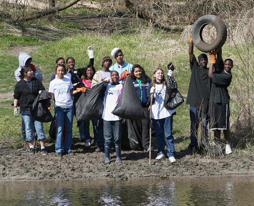 A happy group of young volunteers on the Milwaukee River near North Avenue, 2007.