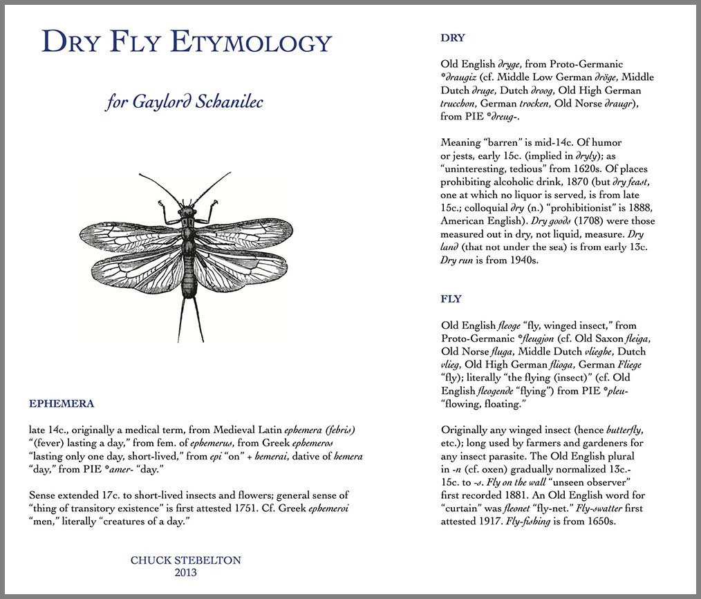 "Dry Fly Etymology," written and printed by Chuck Stebelton.