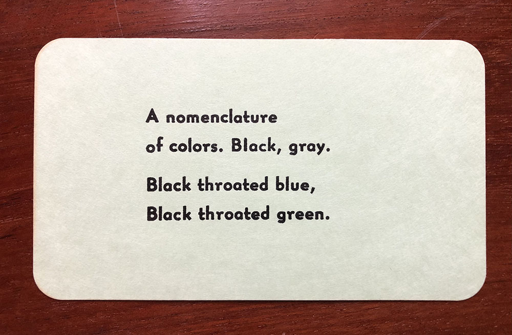 "A Nomenclature of Colors," a business card sized print object with poem.