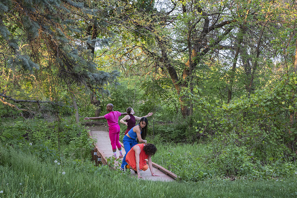 dancers on a wetland boardwalk