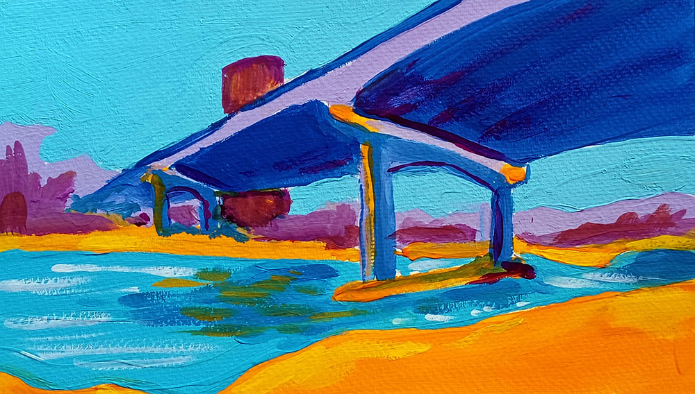 "Locust Street Bridge', 10x6, gouache (work in progress).