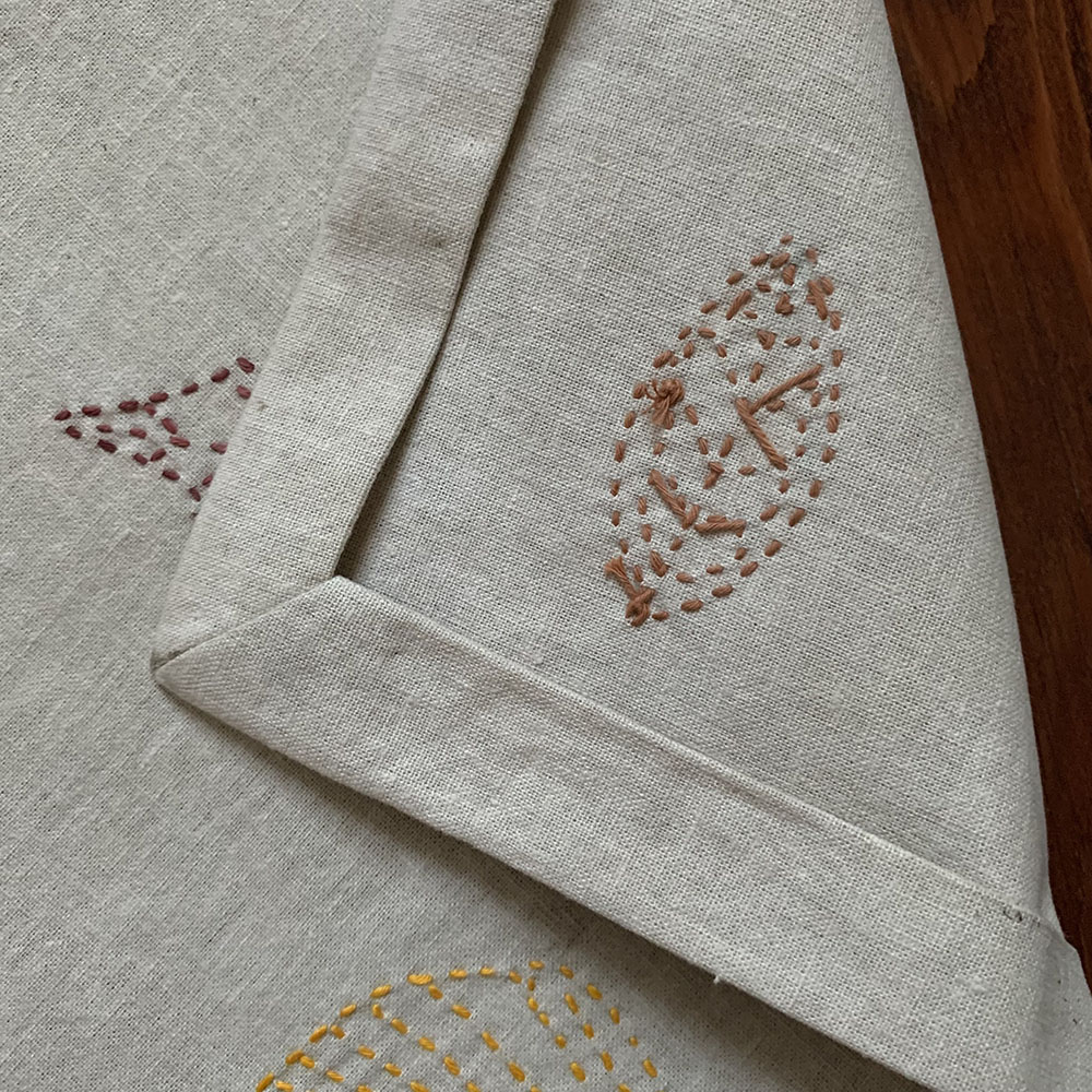 Embroidered leaves (reverse).
Naturally dyed cotton thread on sumac dyed cotton/linen. 2021