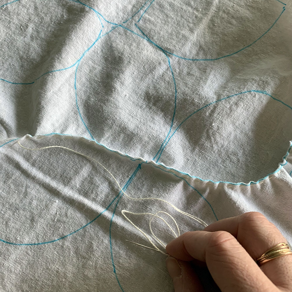 Sashiko Stitches
Hand stitched shibori motif, then dyed in indigo