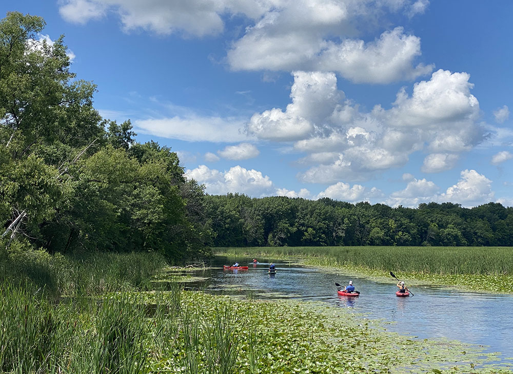 A flotilla of kayaks setting out from the boat launch.