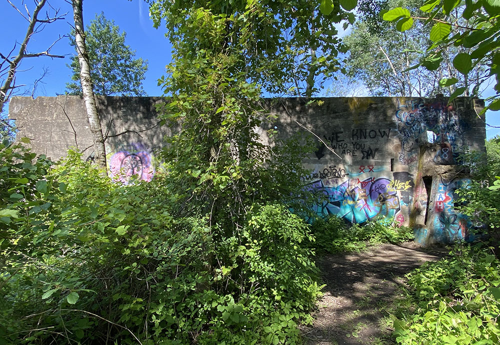 A cement wall in ruins, left over from when it was part of the Marl Works factory.