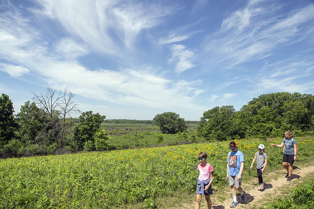 The trail runs along the top of a low ridge overlooking the marsh.