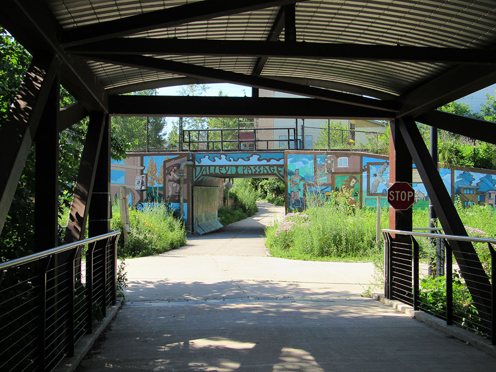 The Valley Passage Tunnel and Chad Brady Mural from the Valley Passage Bridge.