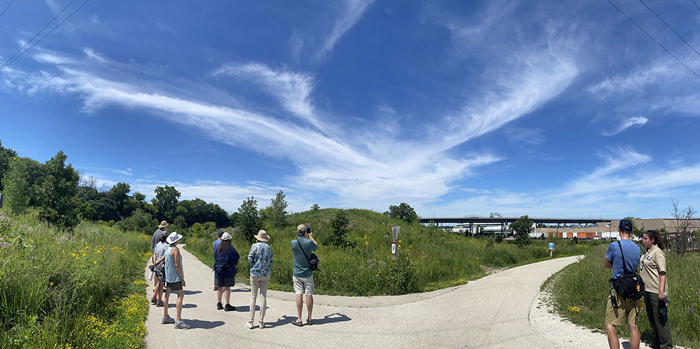 Panoramic view of Three Bridges Park and Hank Aaron State Trail