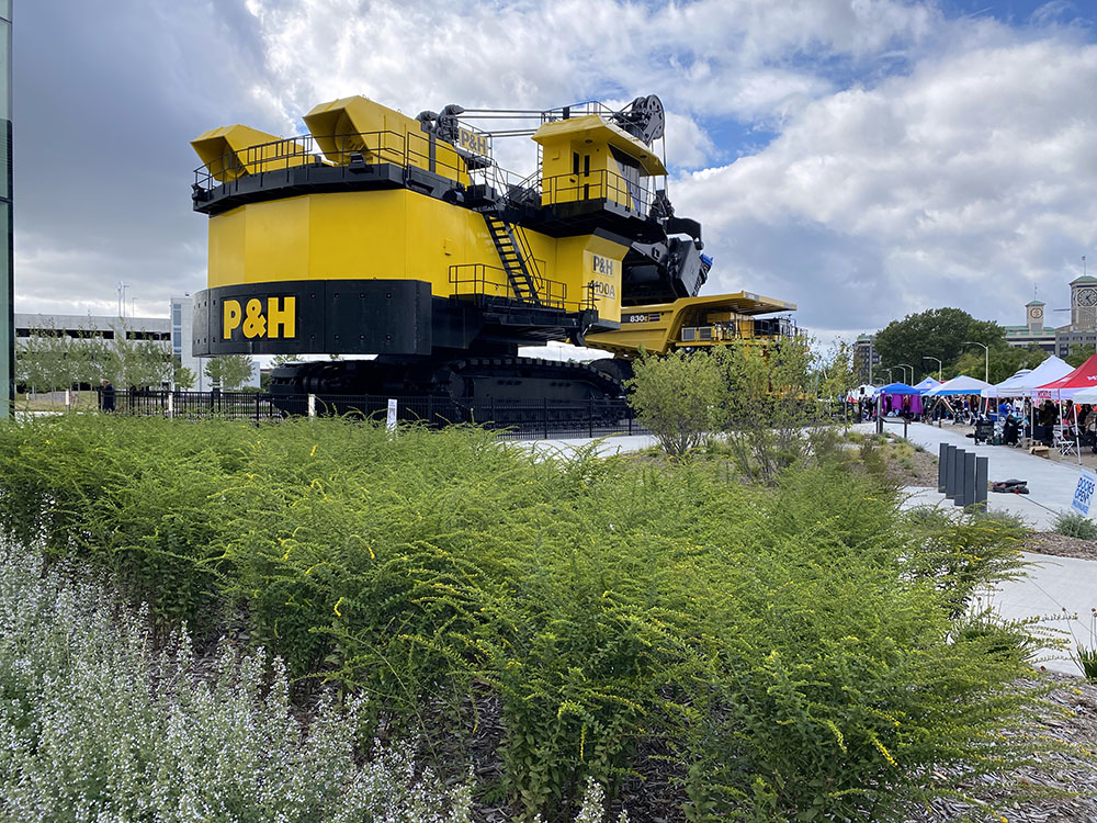 A gargantuan display of mining equipment greets visitors to the Komatsu headquarters.