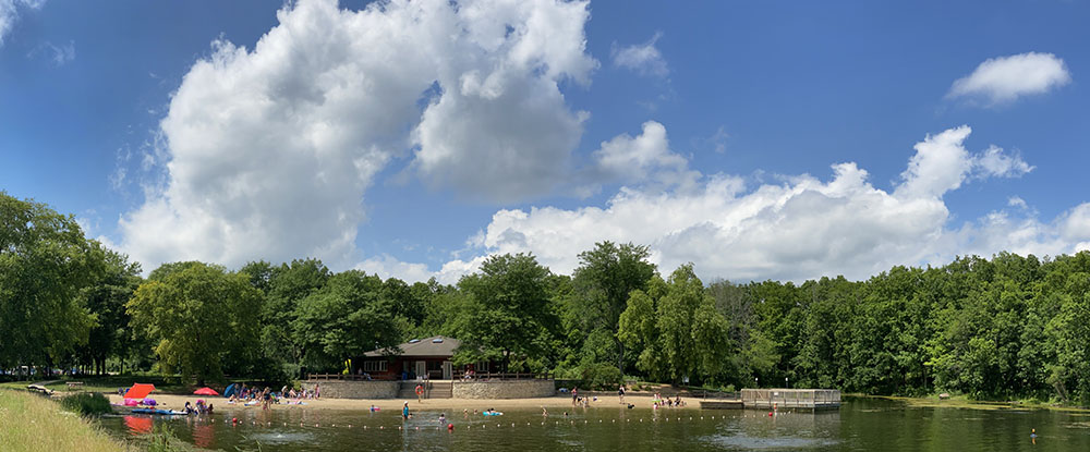 Panoramic view of the pond and beach, Muskego Park