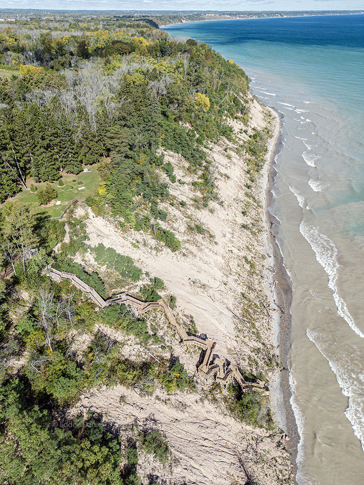 Aerial view of stairway and beach.