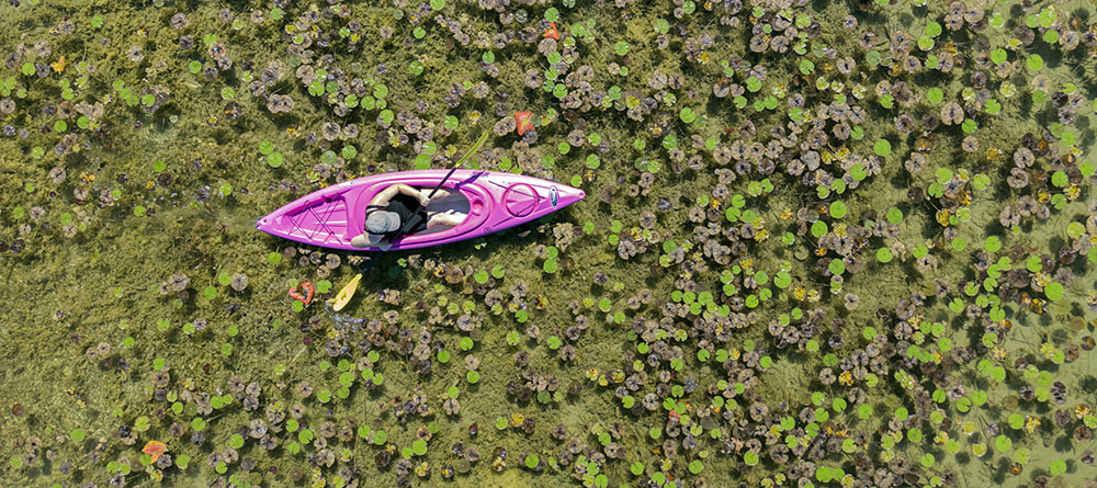 Artist in Residence Lisa Leick kayaking on Lake Twelve