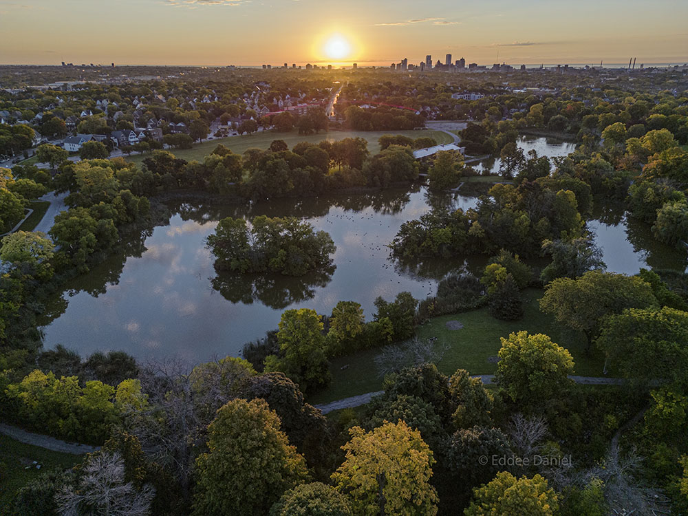 Sunrise over downtown Milwaukee from Washington Park.