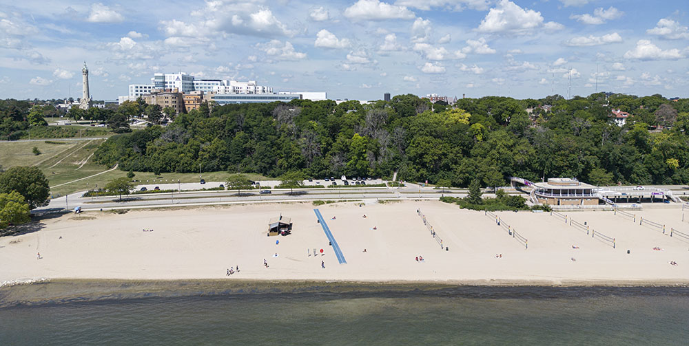 An aerial view of Bradford Beach on a quiet day. 