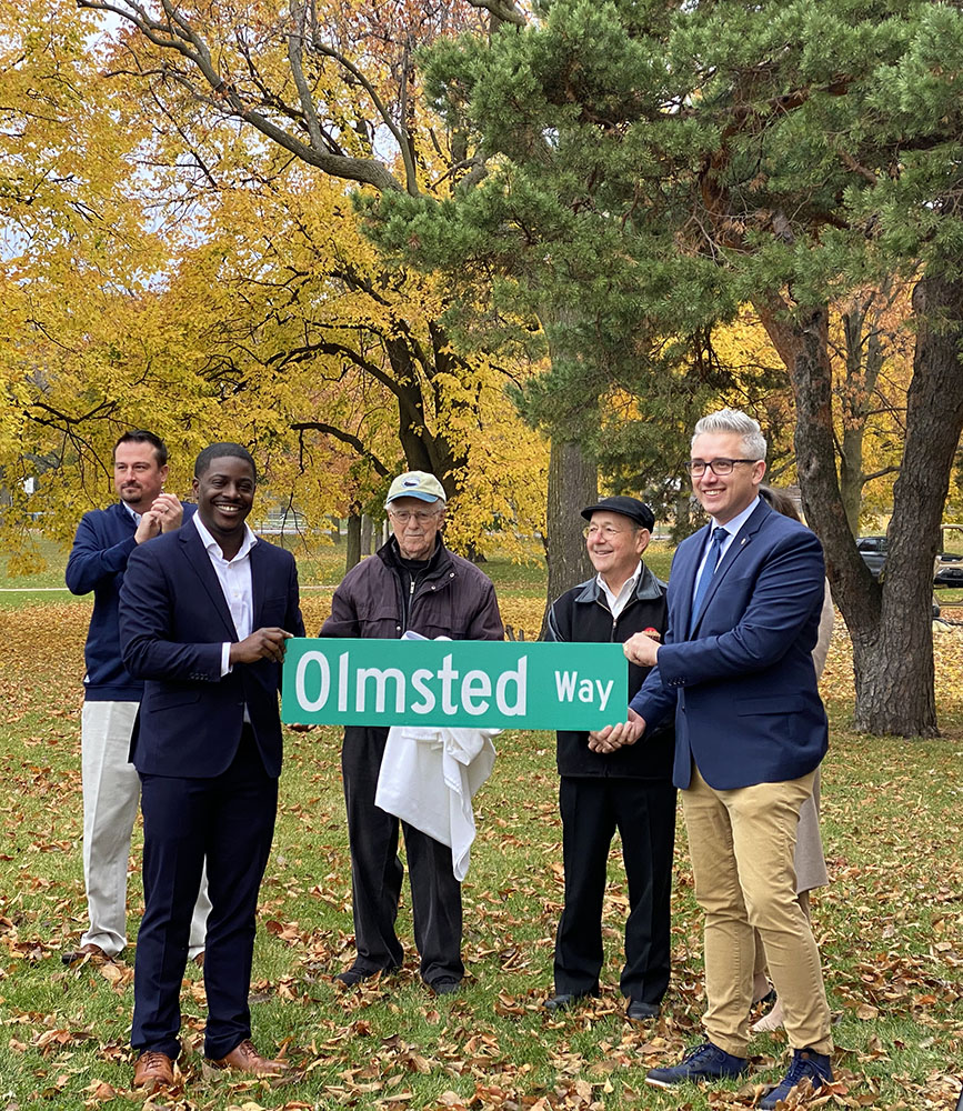 On October 31, County Executive David Crowley (second from left) and other dignitaries dedicated the Washington Park road with a new name honoring Frederick Law Olmsted.