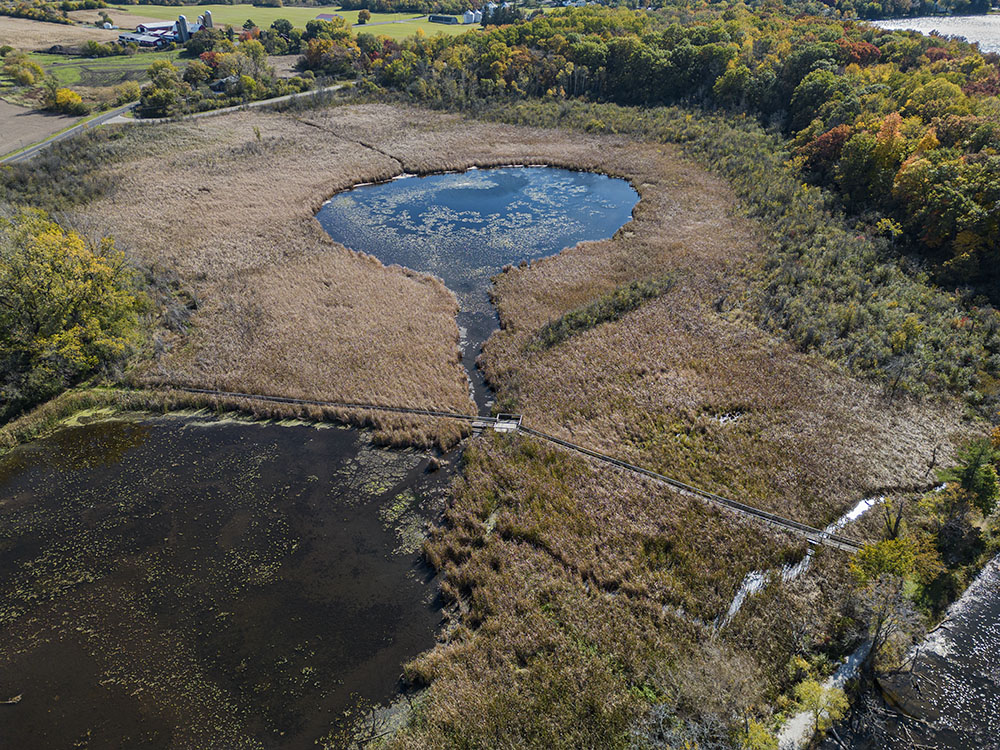 Aerial view of wetlands and ponds at John A. Margis Wildlife Area