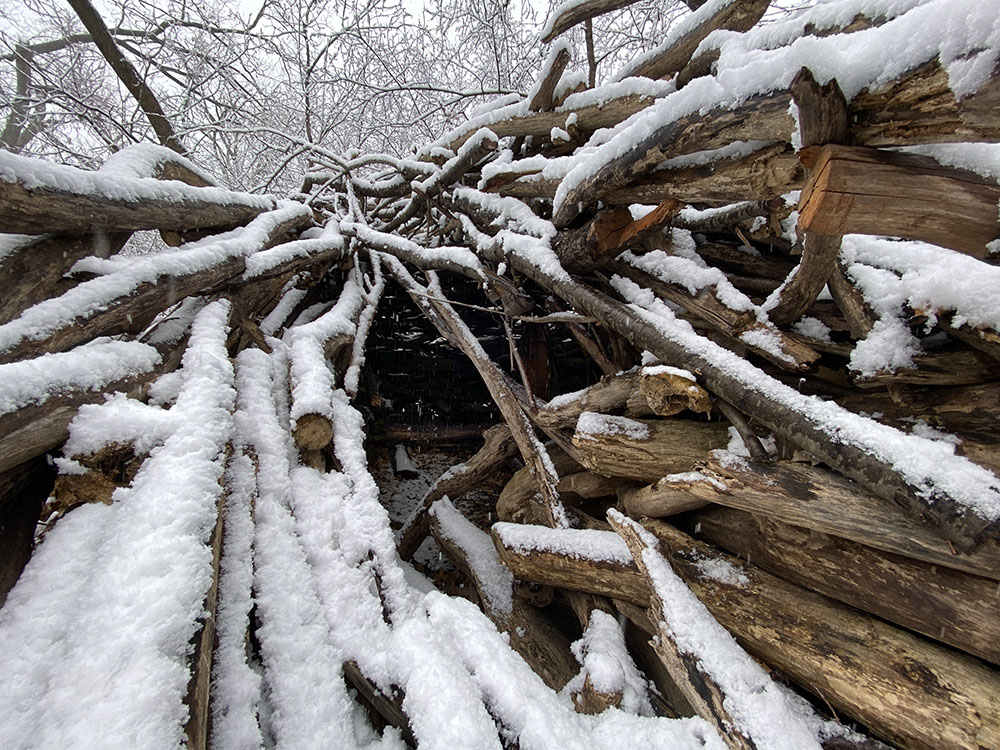 Close up of the massive log fort showing the entrance. Hoyt Park, Wauwatosa.