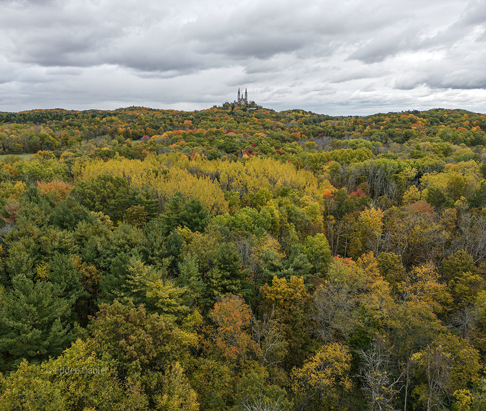 Aerial view of Holy Hill from Pavcek Preserve. 