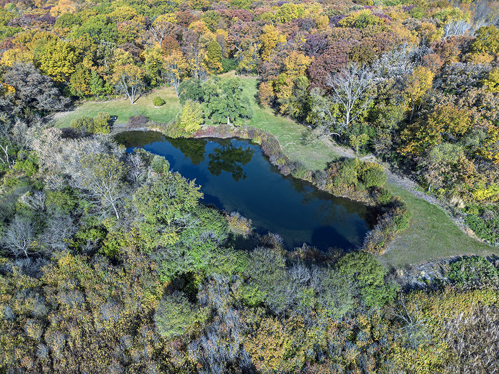 Another aerial view highlighting the pond.