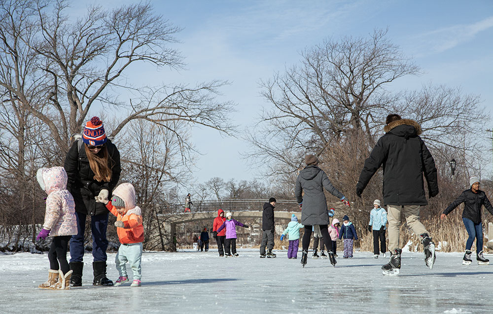 The skating rink was busy with folks on skates and a few beginners without them testing the ice!