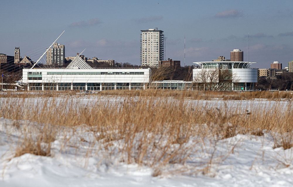 A view of Discovery World from Lakeshore State Park.