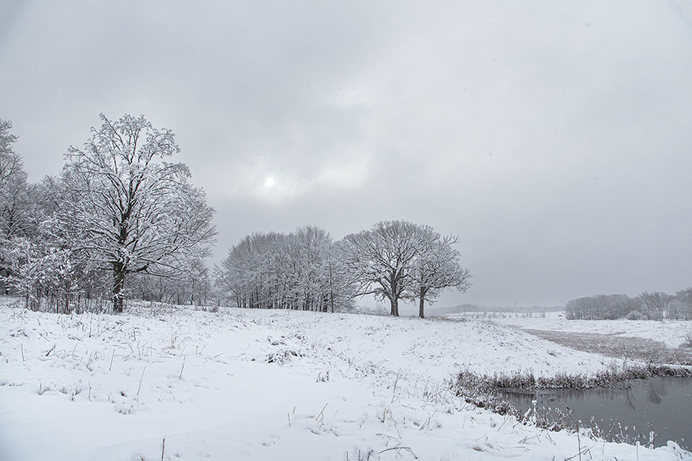 The rising sun tries to penetrate the blizzard at the west end of the west detention basin.