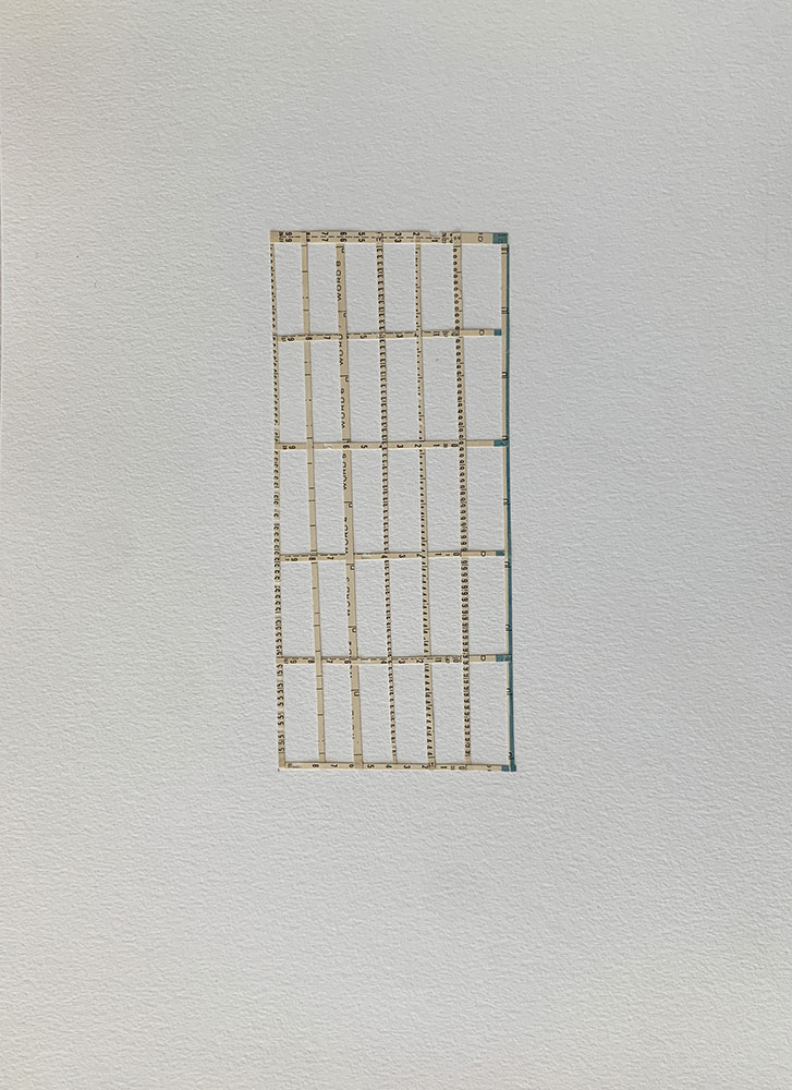 untitled (fence), 2023, 11"x15", vintage timecards on watercolor paper