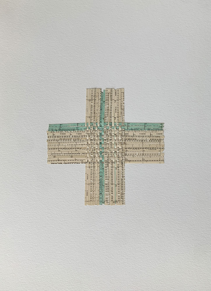 untitled (cross), 2023, 11"x15", vintage timecards on watercolor paper