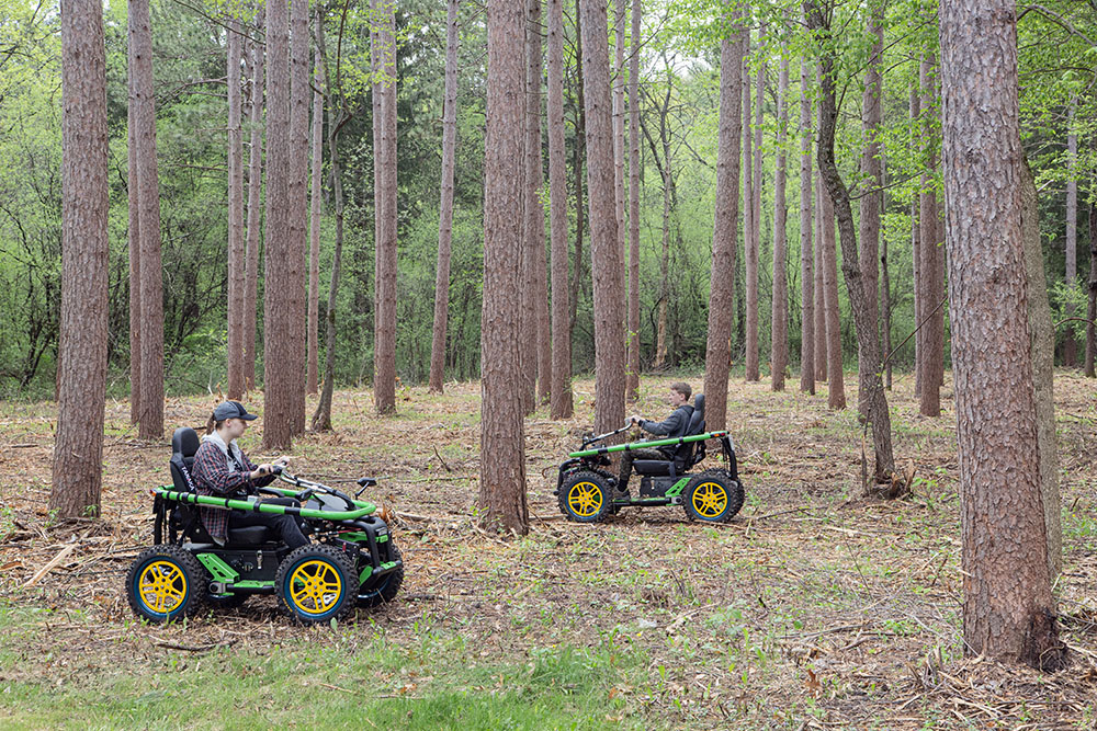 A couple of young people try out the demonstration Terrain Hoppers.