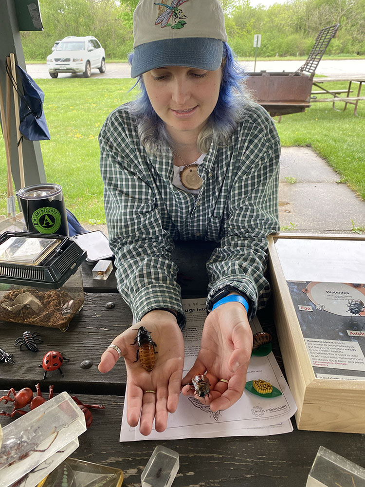 Eliza, holding a pair of cockroaches, helped staff a booth full of bugs!